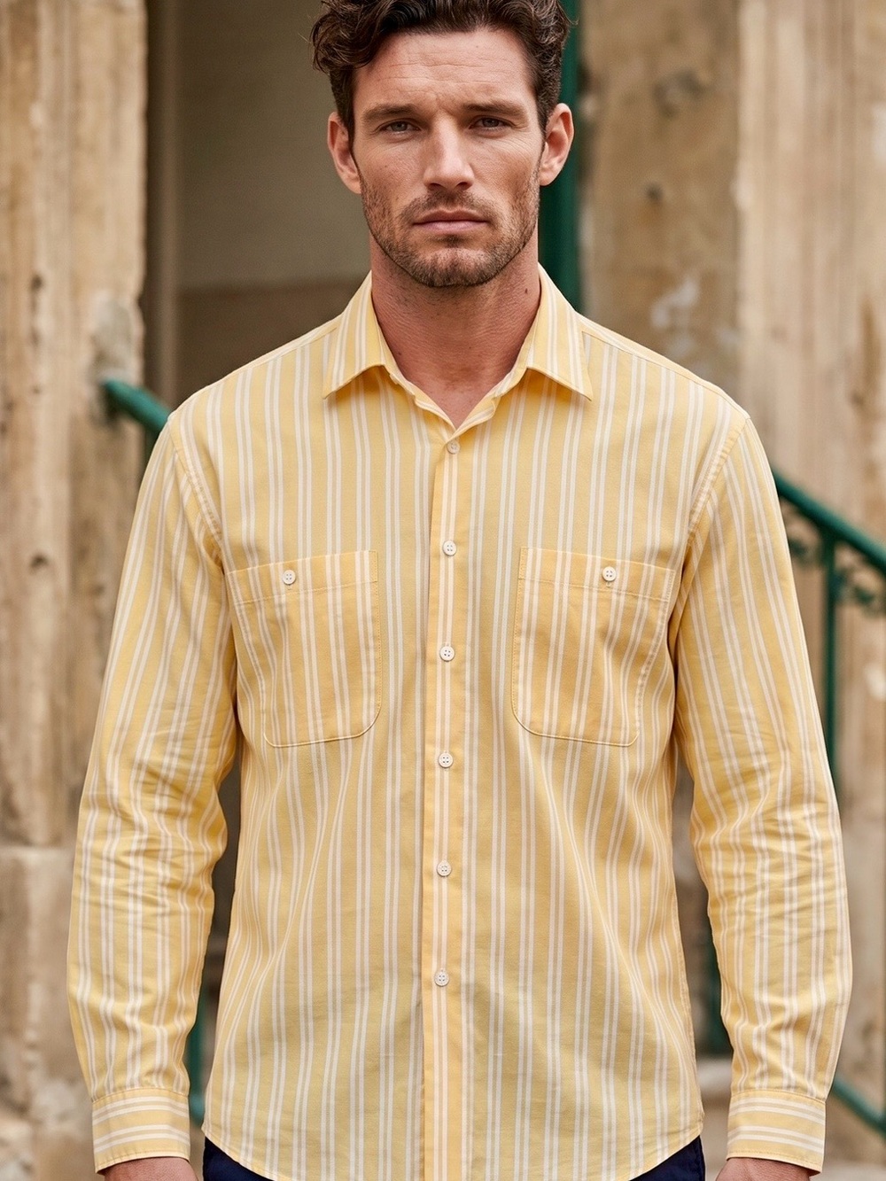 Daniel Hechter Vintage Yellow Stripe Button-Down Shirt w/Dual Front Pockets 15.5